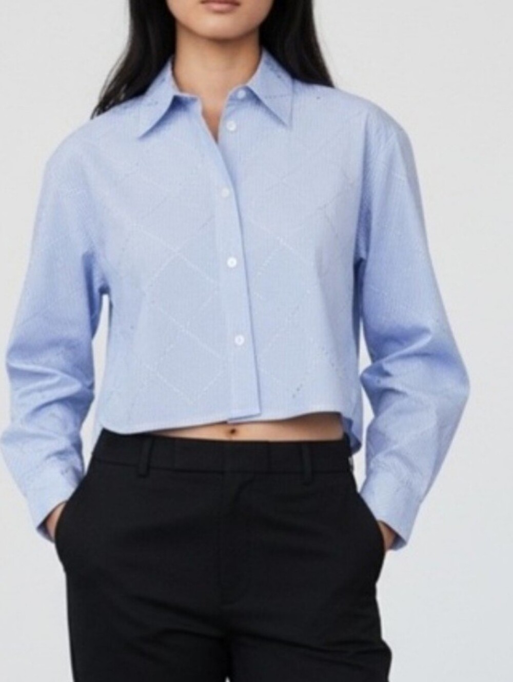 Jason Wu Rhinestone Pin Strped Embellished High-Low Button-Down Shirt